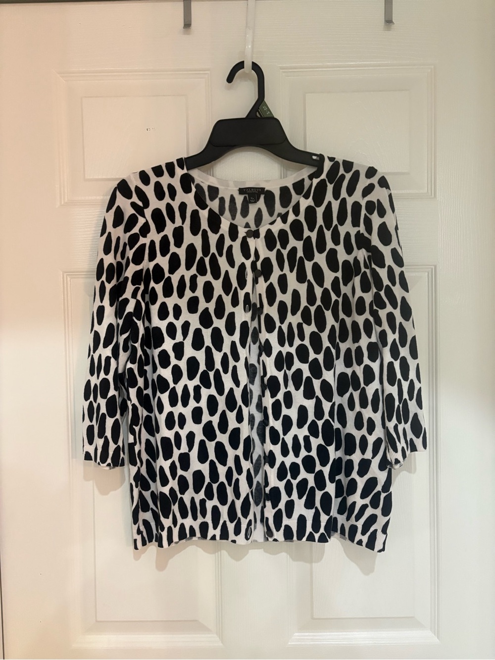 Talbots Woman Petites XP Black Ivory Animal Print Button Cardigan